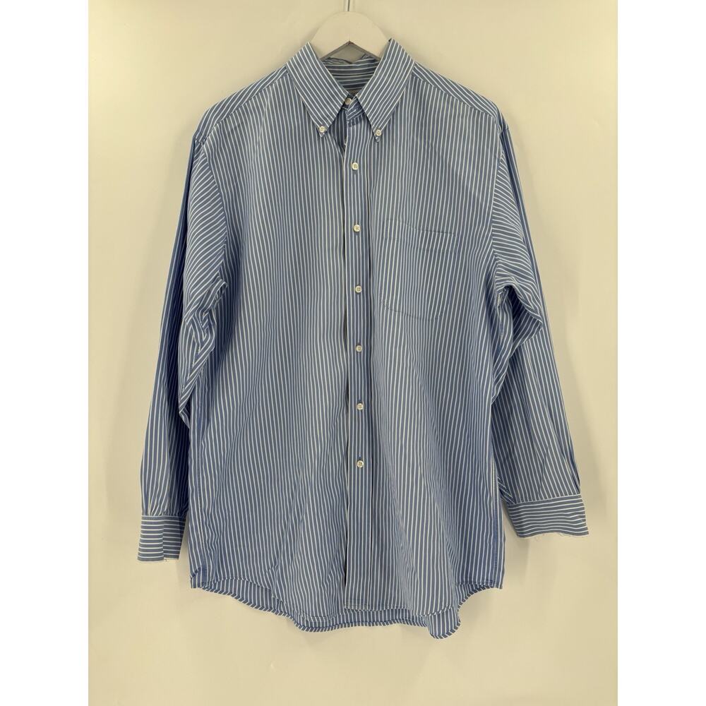 Brooks Brothers Button Down Shirt Mens 16 Large Blue White Striped Long Sleeves